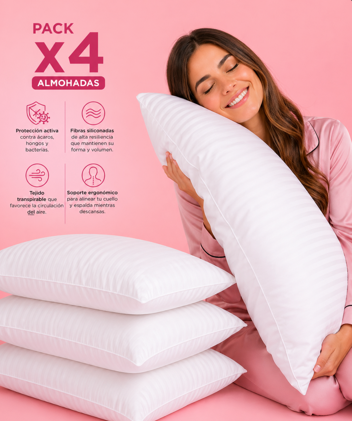 PACK 4 ALMOHADAS ERGONÓMICAS SANITIZED: Almohadas con protección contra ácaros, hongos y bacterias, fibras siliconadas de alta resiliencia y tejido transpirable para dormir con más frescura, soporte y comodidad.