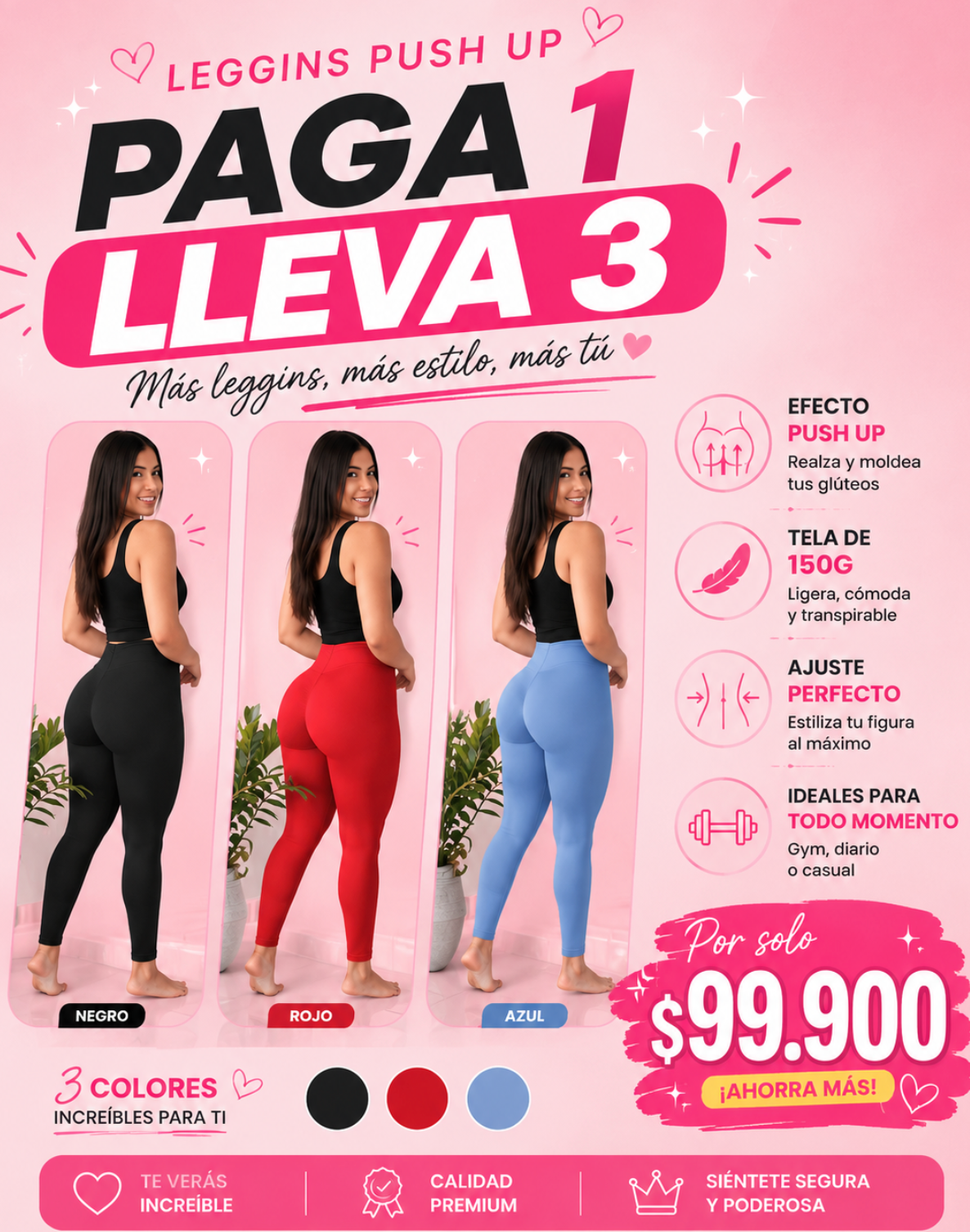 Paga 1 lleva 3 LEGGINS PUSH UP DE ALTO AJUSTE: Leggins cómodos y ligeros con efecto push up, tela de 150g y ajuste favorecedor para realzar la silueta, ideales para uso diario, gym y outfits casuales.