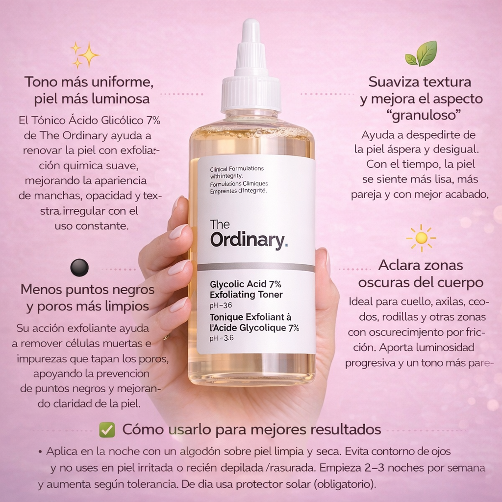 ÁCIDO GLICÓLICO 7% – THE ORDINARY: Exfolia, ilumina y unifica rostro y cuerpo.