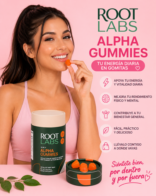 ROOT LABS ALPHA GUMMIES SUPLEMENTO EN GOMITAS: Gomitas prácticas y deliciosas que apoyan tu energía, vitalidad y bienestar diario, ideales para complementar tu rutina sin cápsulas ni bebidas complicadas.