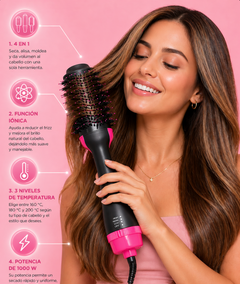 CEPILLO SECADOR 4 EN 1 DE 1000W: Seca, alisa, moldea y da volumen al cabello en una sola rutina, con función iónica y 3 niveles de temperatura para un peinado práctico desde casa.