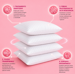 PACK 4 ALMOHADAS ERGONÓMICAS SANITIZED: Almohadas con protección contra ácaros, hongos y bacterias, fibras siliconadas de alta resiliencia y tejido transpirable para dormir con más frescura, soporte y comodidad.