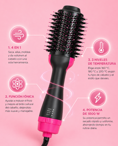 CEPILLO SECADOR 4 EN 1 DE 1000W: Seca, alisa, moldea y da volumen al cabello en una sola rutina, con función iónica y 3 niveles de temperatura para un peinado práctico desde casa.