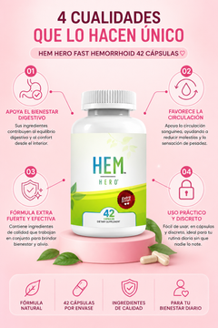 HEM HERO FAST HEMORRHOID 42 CÁPSULAS: Suplemento alimenticio de apoyo para el confort íntimo, bienestar digestivo y circulación, ideal para adultos que buscan una opción práctica, discreta y fácil de usar en su rutina diaria.